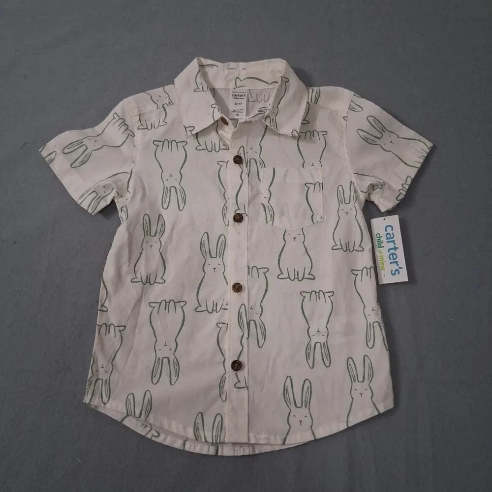 Carters Boys Easter Shirt Button Up Size 3T Bunny Rabbits Spring Festival Party